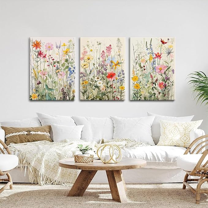 KISSFOX 3 Piece Canvas Wall Art Wildflowers Wall Decor Floral Pictures Botanical Paintings Watercolor Prints Colorful Artwork For Bedroom Bathroom Living Room