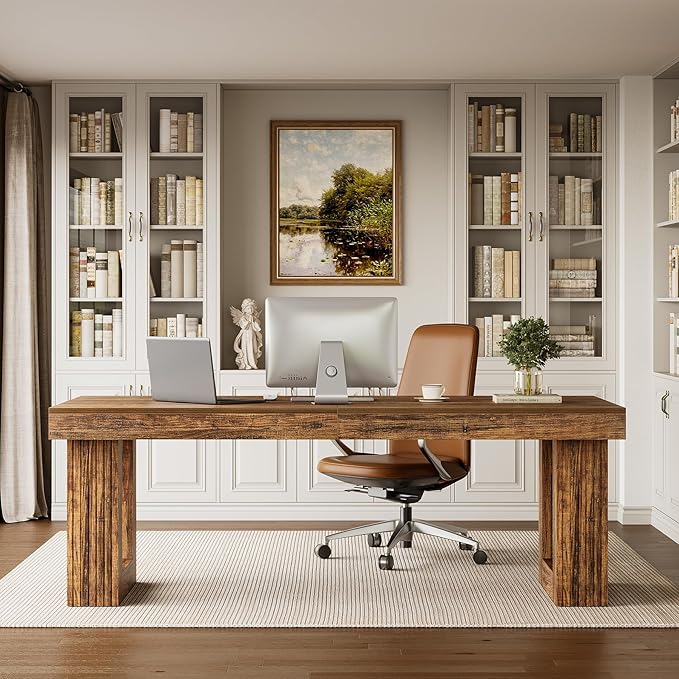 LITTLE TREE 86.6 Inches Extra Long Computer Desk, Industrial Two Person Desk, Wooden Double Desk, Simple Study Writing Table for 2 People, Large Business Workstation for Home Office, Rustic Brown