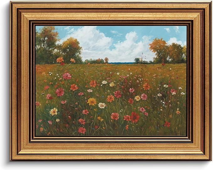 Gold Framed Wall Art Vintage Floral Canvas Wall Art Floral Countryside Blooming Wildflowers Artwork Prints Picture for Living Room Bedroom Farmhouse Bathroom Office Decor, 8x10