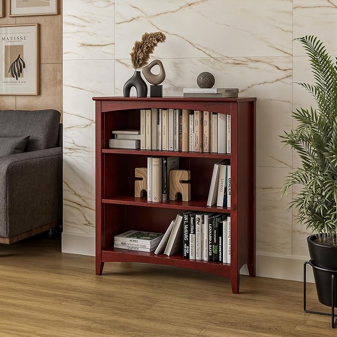 Camaflexi Shaker Style 3 Shelf Bookcase/Solid Wood / 36" High/Adjustable Shelving/Closed Back/Display Bookshelf for Living Room, Bedroom, Home and Office, Red Garnet Stain
