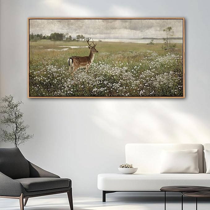 Vintage Wall Art for Living Room Farmhouse Wall Art, Country Wall Decor, Deer Art - Rustic Nature Canvas, Large Landscape Pictures for Bedroom Framed Artwork for Walls 24×48IN