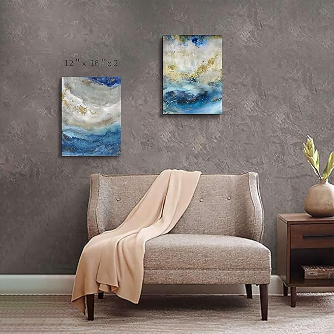 Hardy Gallery Blue Abstract Canvas Wall Art: Beige Print Picture Artwork for Bathroom without hand painted gold foils for Small Size(16'' x 12'' x 2 Panels)