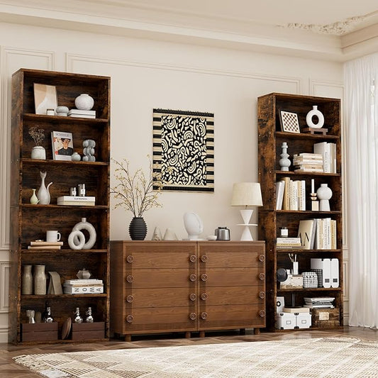 JAMFLY Narrow Tall Bookshelf 6 Shelf Bookcase Vertical Storage, Slim Profile Tall Narrow Storage Unit for Home Office, Living Room, Bedroom, Vintage Brown, Set of 2
