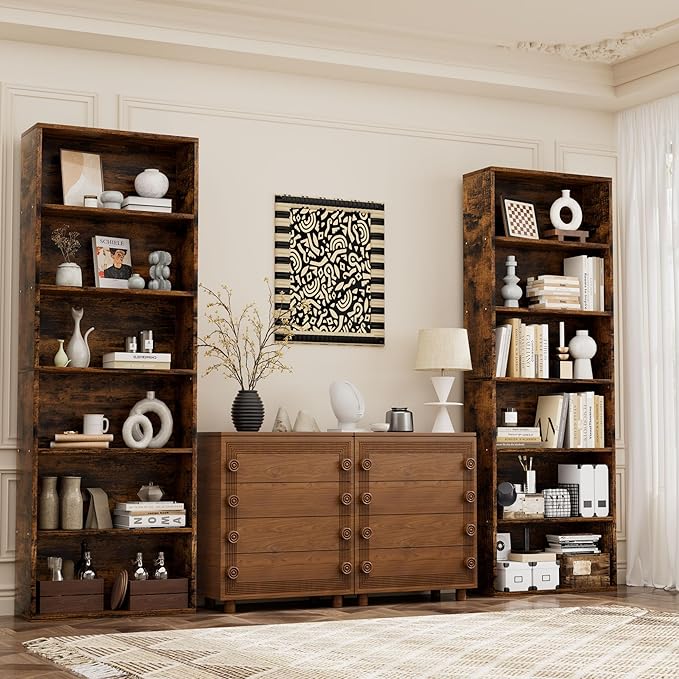 JAMFLY Narrow Tall Bookshelf 6 Shelf Bookcase Vertical Storage, Slim Profile Tall Narrow Storage Unit for Home Office, Living Room, Bedroom, Vintage Brown