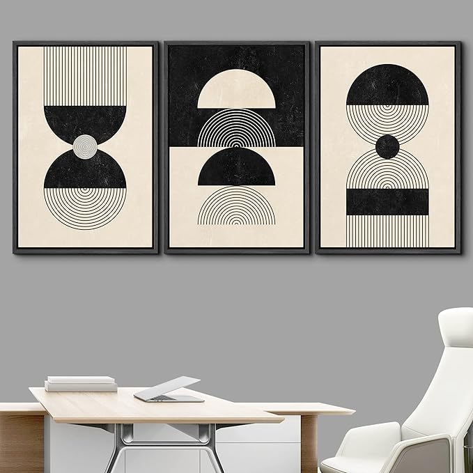 IDEA4WALL Framed Canvas Print Wall Art Set Geometric Black Tan Striped Circle Polygon Collage Abstract Shapes Illustrations Modern Art Nordic for Living Room, Bedroom, Office - 16"x24"x3 Black