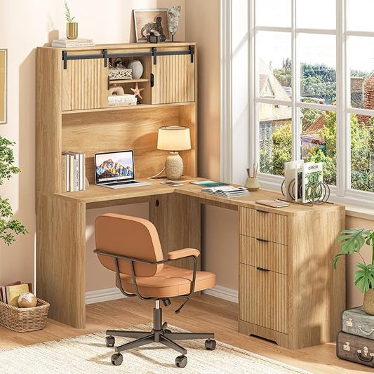 68" L Shaped Fluted Desk with Hutch,Office Table with 3 Drawers and Sliding Doors, Executive Desk with File Drawers and Charging Station,Light Strips, Wood Workstation for Home Office,Oak