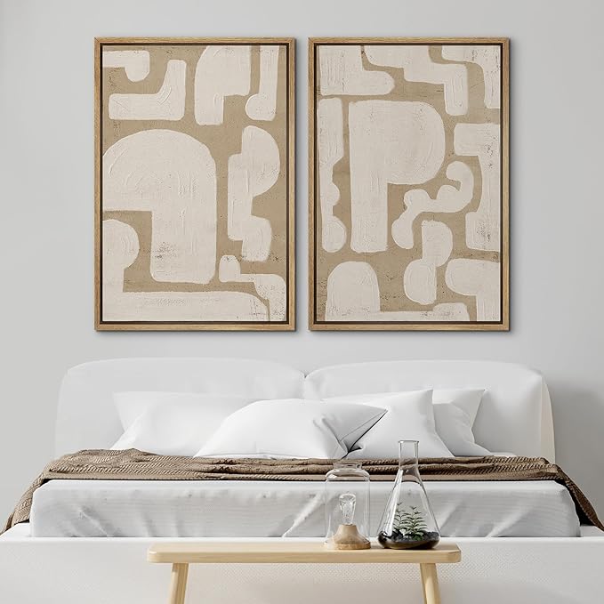 SIGNWIN Framed Canvas Print Wall Art Set Sophisticated Abstract Network Beige Interlaced Lines on White Illustrations Modern Art Minimal Relax for Living Room, Bedroom, Office - 24"x36"x2 Natural