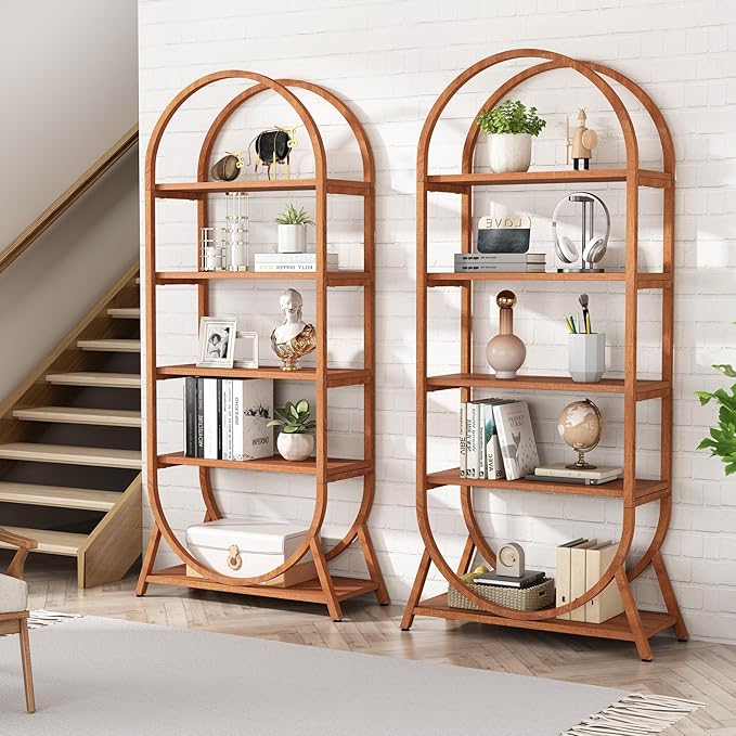 Tribesigns 5-Tier Open Bookshelf, 70.8" Tall Arched Bookcase, Modern Brown Storage Bookshelves, Freestanding Display Rack Shelving Unit for Office, Bedroom, Living Room, Easy Assembly (2PCS)