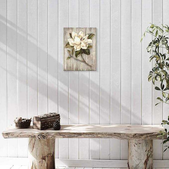 UTOP-art Floral Canvas Wall Art Painting White Rose Flower Green Leaves Hand Painted Texture Picture Artwork For Bedroom plant wall decor Bathroom Walls