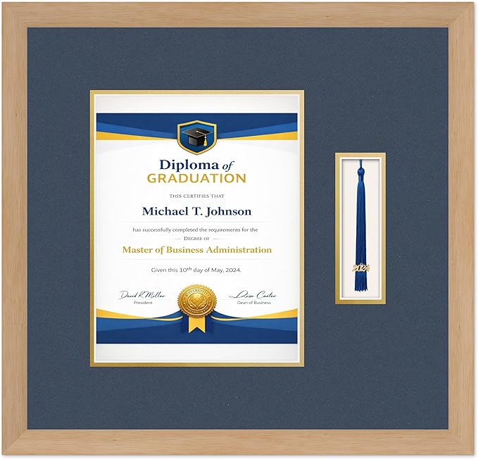 Diploma Frame with Tassel Holder Natural Wood Shadowbox Navy Blue Over Gold Mat - Fits 8.5 x 11 Degree Made in the USA
