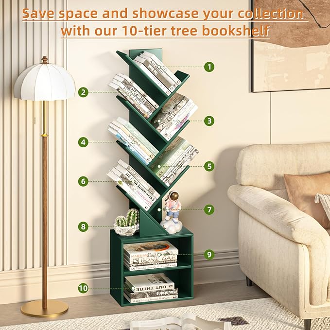 10 Tier Tree Bookshelf,Christmas Green Bookcase for Narrow Space, Storage Organizer Floor Standing Bookshelves for Books, Tall Book Case for Home Office, Living Room, Bedroom