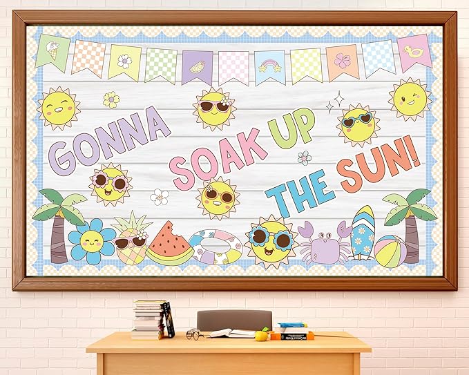 Sun Theme Bulletin Board Set Groovy Summer Classroom Decoration Gonna Soak up The Sun Sunshine Beach Cutouts for Summer School Classroom Back to School Wall Window Blackboard Whiteboard Door Decor