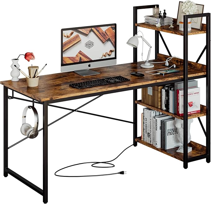 IRONCK Computer Desk 55" with Power Outlet and Storage Shelves, Study Writing Table with USB Ports Charging Station, PC Desk Workstation for Home Office, Rustic Brown