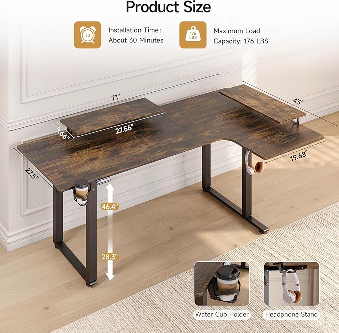 L Shaped Electric Standing Desk, 71x43'' Computer Desks with 2 Monitor Shelves, Dual Motor and Memory Controller, Gaming Corner Desk Adjustable Height from 28-46'' for Home Office, Rustic Brown