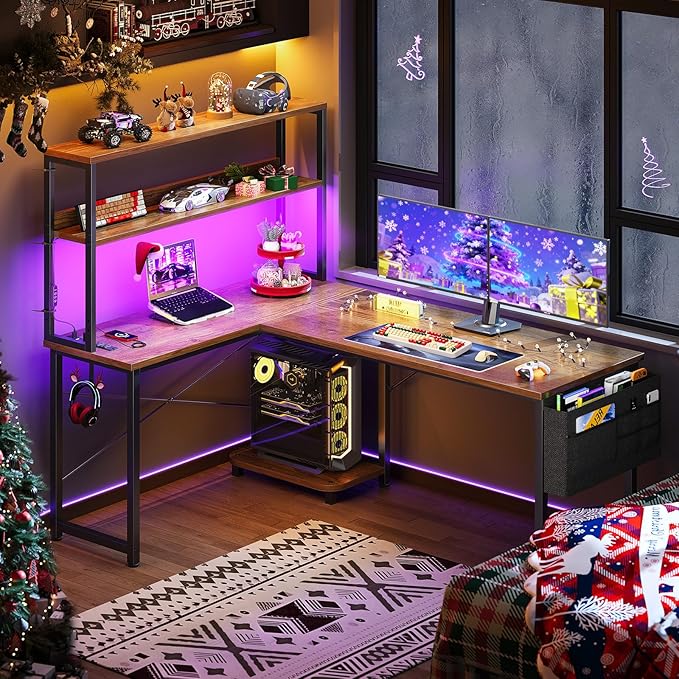 ODK 53 Inch L Shaped Desk with LED Lighting, Reversible Gaming Desk with Power Outlets, Cornor Computer Table with Storage Shelves & Bag & Iron Hook, Home Office Table for Writing, Study, Vintage