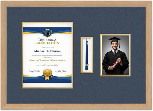 Diploma Tassel and Photo Frame Natural Wood Shadowbox Navy Blue Over Gold Mat - Fits 8.5 x 11 Degree Picture Made in the USA