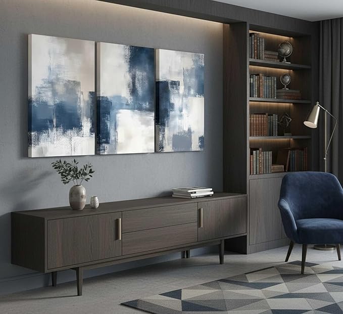 3 Pcs Navy Blue Abstract Canvas Wall Art Modern Minimalist Neutral Blue and Grey Paintings Pictures Wall Decor Poster Print Artwork for Living Room Bedroom Office Home Decoration