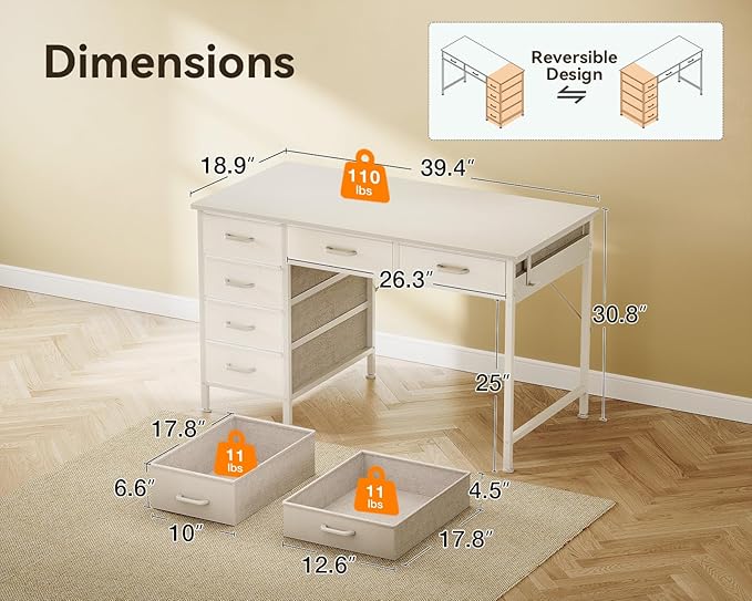 ODK Computer Desk with 6 Drawers, 40 Inch Small Desk with Storage, Reversible Desk with Headphone Hook for Home Office, Work Study Table for Bedroom, White