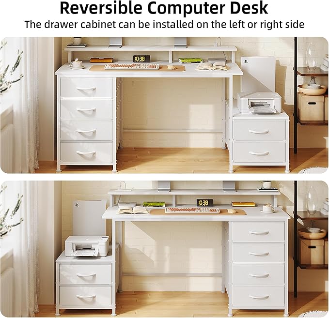 Flrrtenv 52 Inch Office Desk with 6 Drawers and Printer Space for Storage, Reversible Computer Desk with Monitor Stand & Power Outlets, Home Office Desks, White