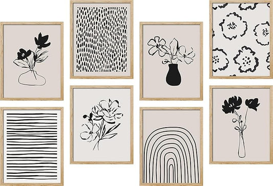 SIGNWIN Adhesive Canvas Poster Bathroom Decor, Wall Art Room Decor Multicolor for Living Room, Bedroom, Office Duotone Black & White Floral Botanical Flower Nature Abstract Shapes - 8"x10"x 8