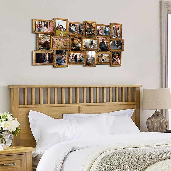 J.M.Deco Collage Picture Frames for Wall Decor, 18-Opening Family Picture Frame Set, One-Piece Photo Frames for Living Room, Bedroom, Gallery, Retro Gold