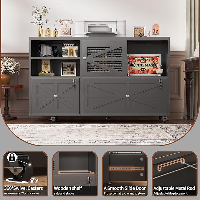 Semoic 2 Drawer Farmhouse File Cabinet with Lock, Mobile Lateral Filing Cabinet for Letter/Legal/A4 Size, Open Storage Adjustable Shelf for Home Office Cabinets, Black