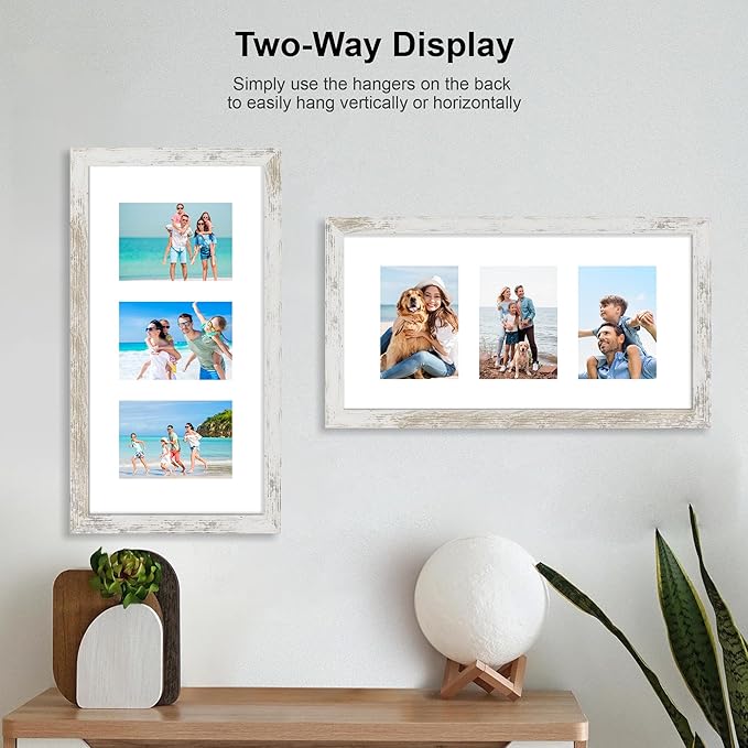 10x20 Picture Frame Set of 2, Distressed White Wood Frame with Real Glass Collage Frame, Display Pictures Three 5x7 With Mat or 10 x 20 Without Mat - Horizontal or Vertical Wall Mounting