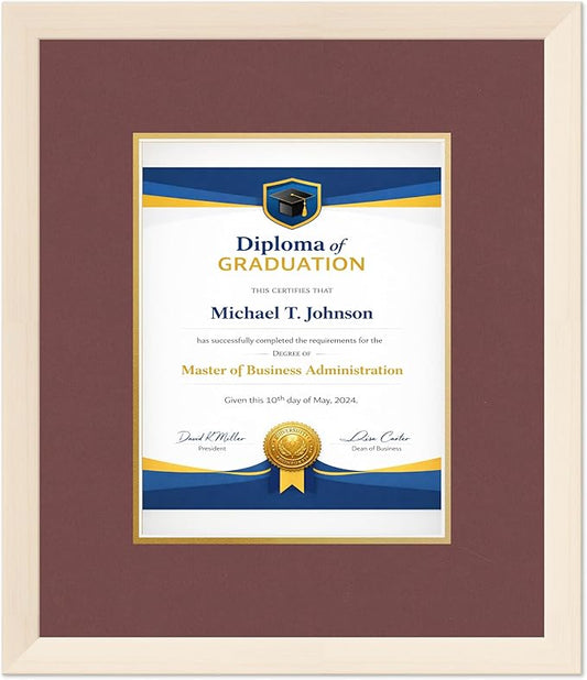 Diploma Frame Coastal Whitewash with Dark Red Over Gold Double Mat - Fits 8.5 x 11 Certificate (Portrait) Wall Display Made in the USA