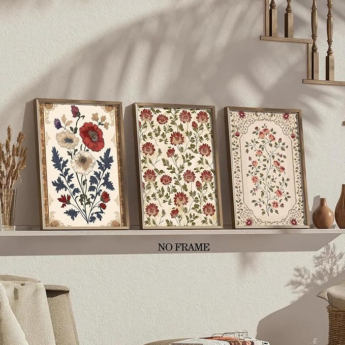Vintage Floral Wall Art Poster Set of 6, Rustic Flower Bird Pictures Wall Decor, Retro Neutral Botanical Peacock Paintings Canvas Prints Aesthetic Home Decor for Living Room Bedroom 8x10in Unframed