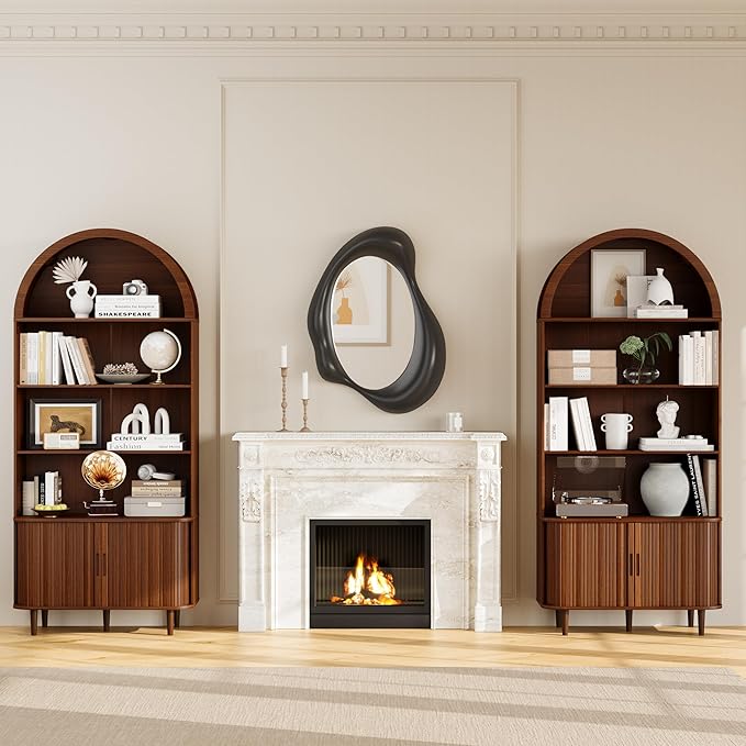DHH 71" Tall Arched Bookshelf, 5 Tiers Arch Bookcase with Storage, Modern Farmhouse Book Shelf with Adjustable Shelves ＆Sliding Doors, Wood Display Cabinet for Living Room, Office(Walnut)