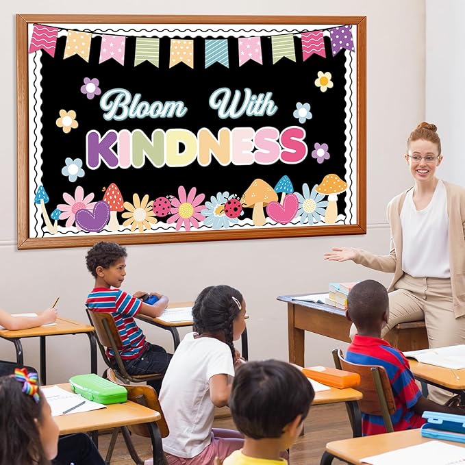 Spring Kindness Bulletin Board Set Bloom with Kindness Classroom Decoration Colorful Flowers Paper Cutouts Borders Back to School Bulletin Board Classroom Wall Chalkboard Spring Party Supplies Decor