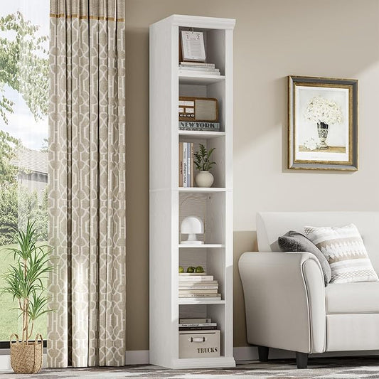 Rresyet Tall Narrow Bookcase, 6-Tier Bookshelf, Modern Open Display Storage Shelf for Living Room, Home Office, Bedroom, White