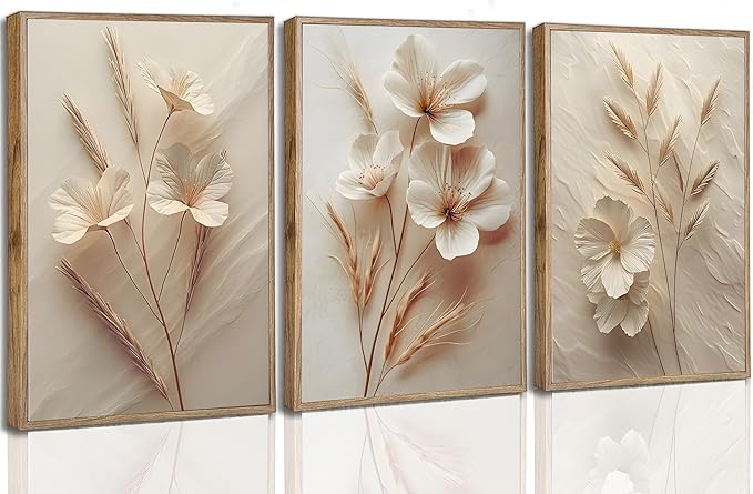Framed 3D Textured 3Pcs Neutral Beige Floral Botanical Canvas Wall Art Modern Simple Texture Flower Plant Painting Picture Wall Decor Vintage Blossom Poster Print Artwork for Living Room Bedroom Bathroom