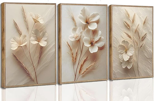 Framed 3D Textured 3Pcs Neutral Beige Floral Botanical Canvas Wall Art Modern Simple Texture Flower Plant Painting Picture Wall Decor Vintage Blossom Poster Print Artwork for Living Room Bedroom Bathroom