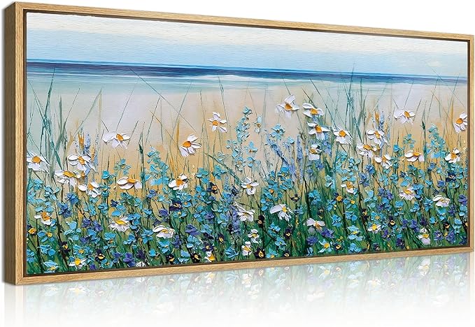 BINCUE Large Blue Seaside Floral Framed Wall Art,Nature Blue Flower Canvas Wall Decor,Wildflower Artwork Blossom Botanical,Flower Sea Landscape Daisy Paingting for Living Room Bedroom Home 20''x40''