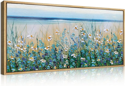 BINCUE Large Blue Seaside Floral Framed Wall Art,Nature Blue Flower Canvas Wall Decor,Wildflower Artwork Blossom Botanical,Flower Sea Landscape Daisy Paingting for Living Room Bedroom Home 20''x40''