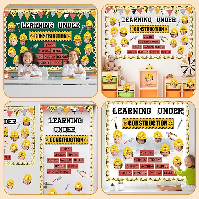 gisgfim Construction Bulletin Board Decorations Learning Under Construction Paper Cutouts DIY Photo Helmet Motivational Bulletin Board Set for Back to School Teacher Classroom Wall Decor Supplies