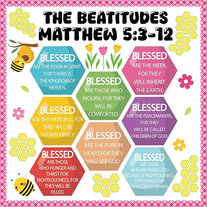 Christian Bulletin Board Decoration The Beatitudes Matthew 5:3-12 Classroom Decoration Motivational Bible Verse Paper Cutouts for Back to School Sunday School Church Parish Decor（Sunshine）
