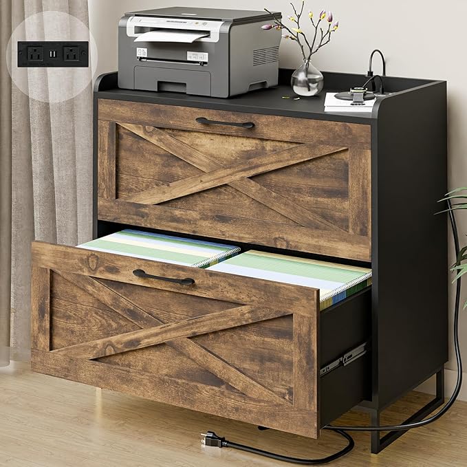 Lateral File Cabinet 2 Drawers File Cabinet with Charging Station, Modern Farmhouse Large Wood Home Office Furniture, Rustic Brown and Black