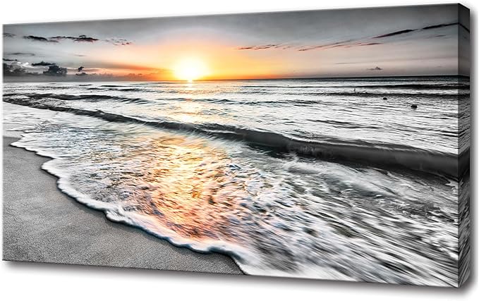 Bamdeya Canvas Wall Art Living Room Black and White Wall Decor Beach Prints Pictures for Bedroom Wall Décor Ocean Posters Room Décor Office paintings Sea Sunset Decorations Framed 20x40inches