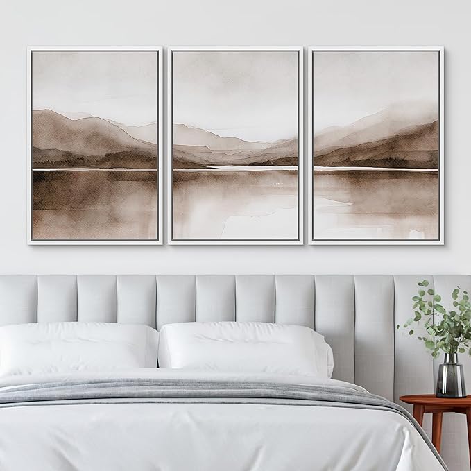 SIGNWIN Framed Canvas Print Wall Art Mountain Landscape Modern Minimalist Brown and Gray Watercolor Nature Wilderness Modern Art Cool for Living Room, Bedroom, Office - 24"x36"x3 White