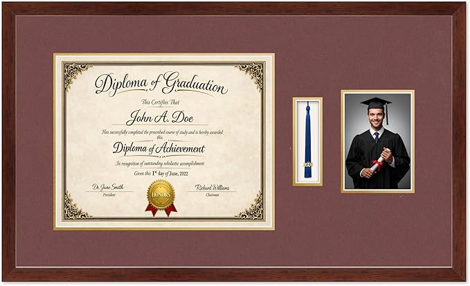 Diploma Tassel and Photo Frame Rustic Walnut Shadowbox Dark Red Over Gold Mat - Fits 15 x 12 Degree Picture Made in the USA