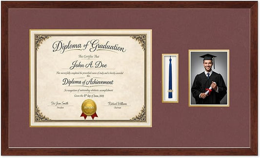 Diploma Tassel and Photo Frame Rustic Walnut Shadowbox Dark Red Over Gold Mat - Fits 15 x 12 Degree Picture Made in the USA