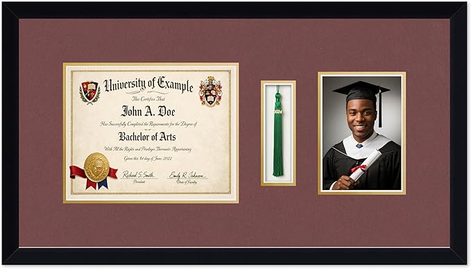 CountryArtHouse Diploma Tassel and Photo Shadowbox Fits 10 x 8 Professional License with Tassel Hook and Matte Black Genuine Hardwood with Dark Red Over Metallic Gold Double mat