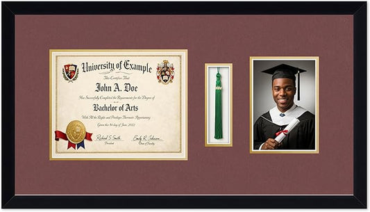 CountryArtHouse Diploma Tassel and Photo Shadowbox Fits 10 x 8 Professional License with Tassel Hook and Matte Black Genuine Hardwood with Dark Red Over Metallic Gold Double mat