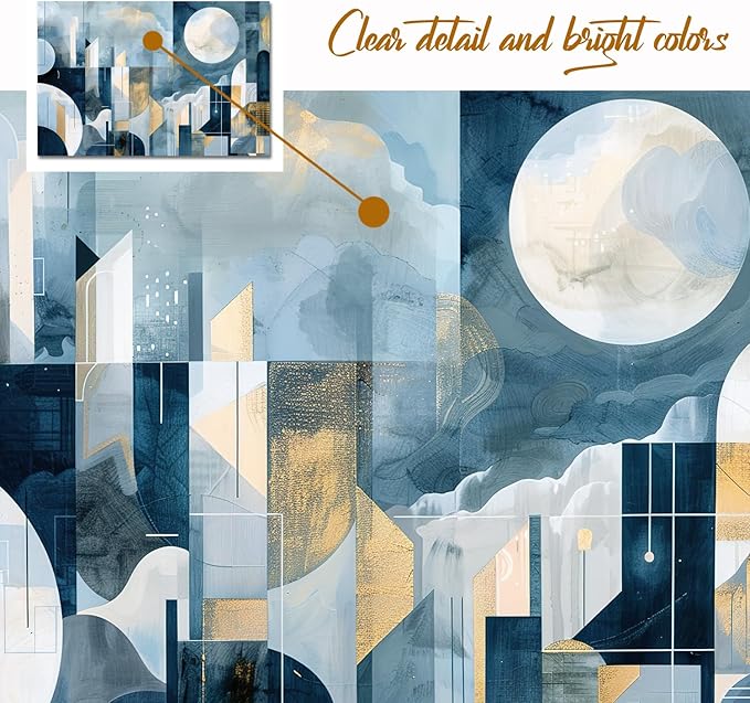 gaosoul Modern Abstract Canvas Wall Art Blue Artistic Cityscape Geometry Paintings Framed Minimalism Stylish Artwork Prints for Living Room Bedroom Office Decor 48x32in