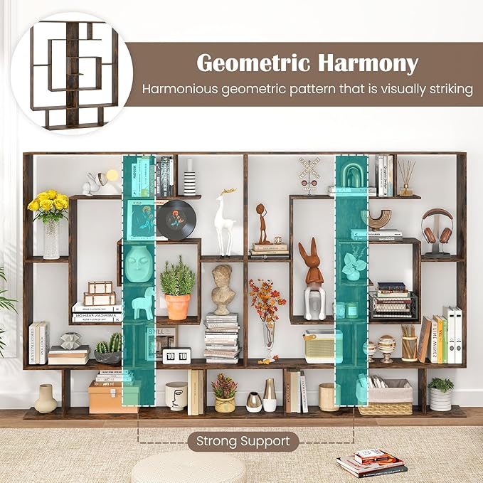 Giantex 7-Tier Geometric Bookshelf, Modern Bookcase with Open Shelves, Freestanding Display Shelf with Anti-Tip Kit, Storage Rack for Living Room Bedroom Study, 49.5''L x 8.5''W x 59''H (Rustic Brown)