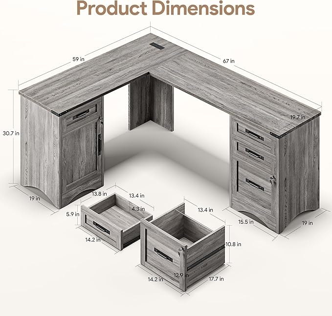 L Shaped Farmhouse Executive Desk with Drawers, 67" Home Office Desks with Fast Charging Station, Lockable File Cabinet, Wood Writing Computer Desk for Work, Study, Grey