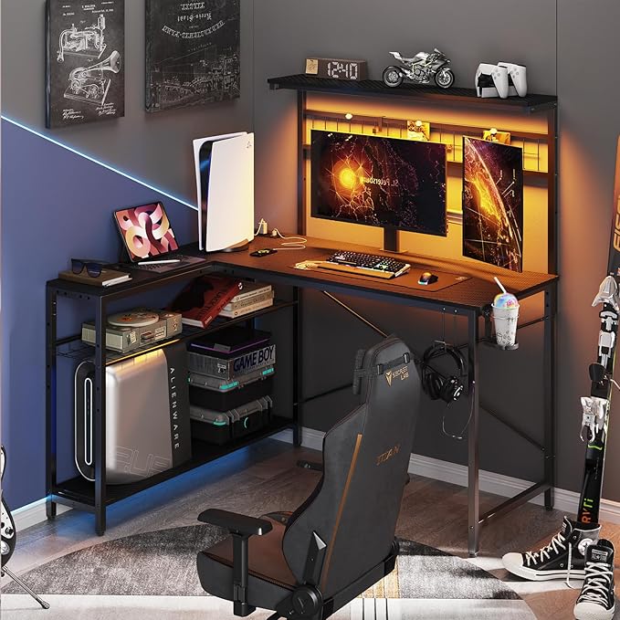 Bestier Gaming Desk 51" L-Shaped, with Power Outlets & LED Lights- 4 Tier Shelves, Reversible Gamer Table with Hooks & Cup Holder for Home Office Carbon Fiber Black