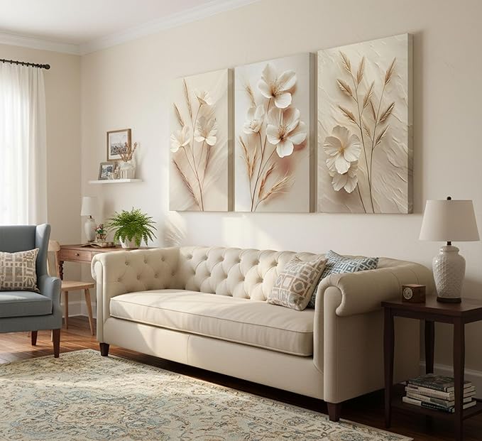 3Pcs Neutral Beige Floral Botanical Canvas Wall Art Modern Simple Texture Flower Plant Painting Picture Wall Decor Vintage Blossom Poster Print Artwork for Living Room Bedroom Bathroom